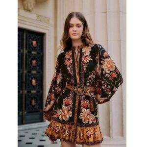 NWT Farm Rio Black Majestic Garden Beaded Buckle Long Sleeve Mini Dress M